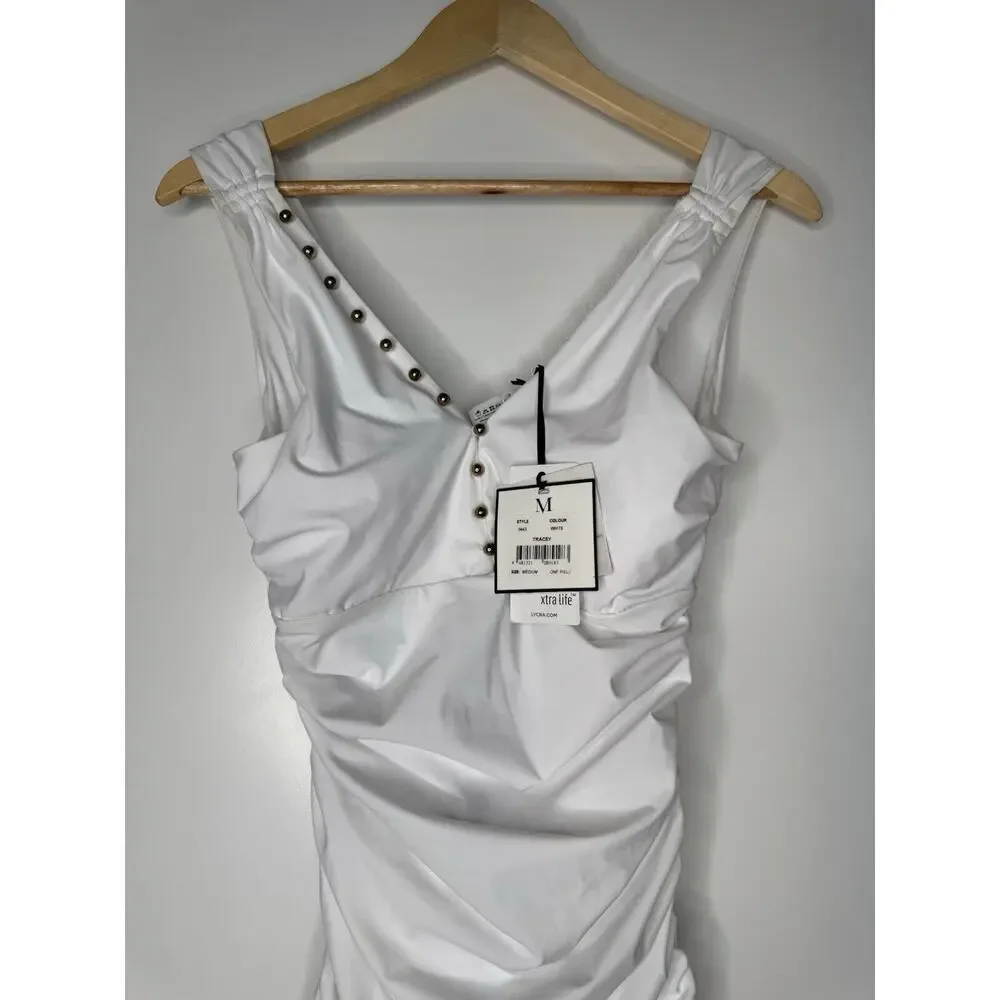 Moeva Womens White TRACEY Plunging Ruched Stretch 1-Piece Swimsuit MEDIUM $411